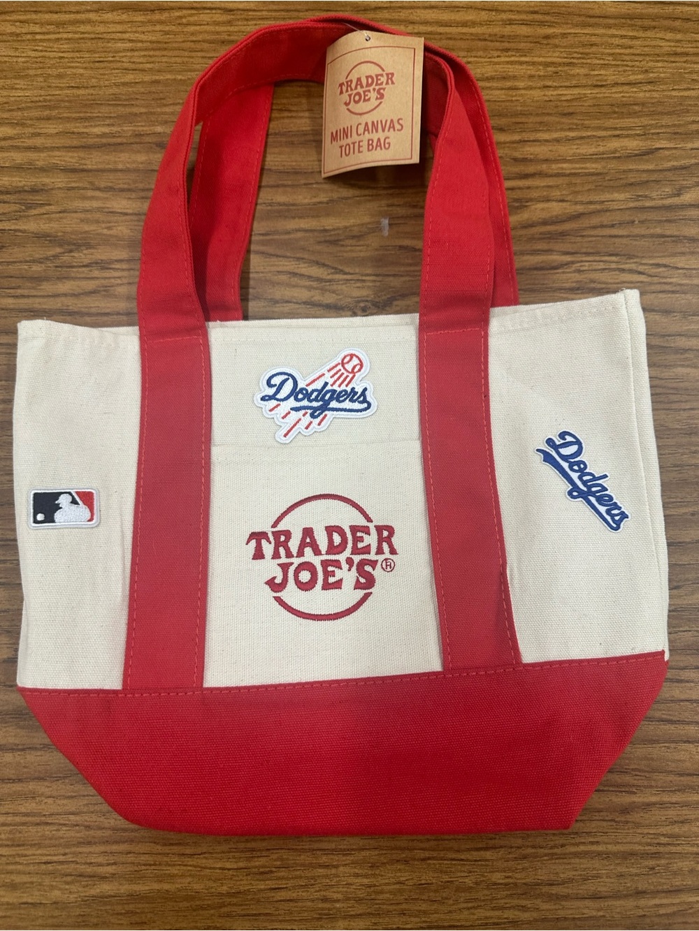 Unique Trader Joe's Mini Canvas Tote Bag with Dodgers Patches - Cream & Red